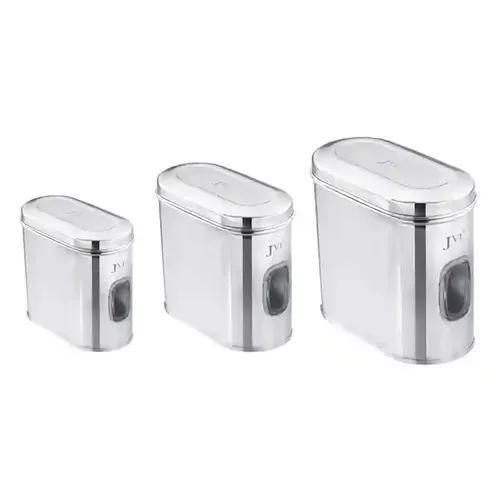 JVL Stainless Steel Kitchen Food Storage Capsule Shape Galaxy Window Canister with Unbreakable Steel Lid for Dry items Store - 3Pc Set - 2Litres, 2.75Litres, 3.25Litres