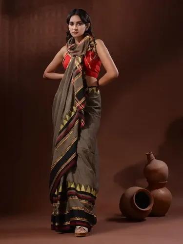 Jacquard Cotton Temple Check Border Handloom Saree - Coffee