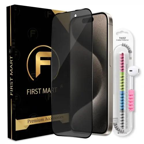 FIRST MART Matte Privacy Tempered Glass for iPhone 15 Pro Edge to Edge Full Screen Coverage with Cable Protector & Easy Installation Kit | Matte Finish