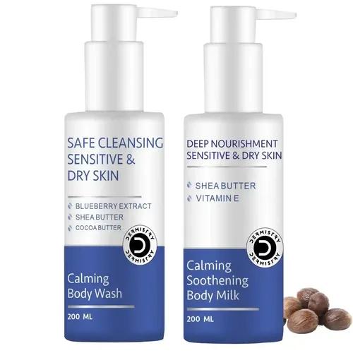 Dermistry Sensitive & Dry Skin Calming Soothing Thick Creamy Body Wash &  Calming Soothing Body Milk Lotion Sensitive & Dry Skin Deep Nourishment Moisturizer  And Shea & Cocoa Butter And Blue Berry And Safe Mild Gentle Soap Free Cleanser And Moisturizing Revitalizing And Vitamin E Non-Greasy, Repairs Smoothens For Men & Women ( Pack Of 2 - 400 Ml )