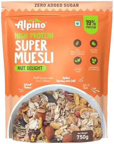 Alpino Health Foods Super Muesli Nut Delight - 69% Whole Grain, 20% Dried Fruits & Nuts - Finest Nuts & Raisins, No Sugar Infused Fruits - High in Protein, Source of Fibre - Breakfast Cereal (750 G)