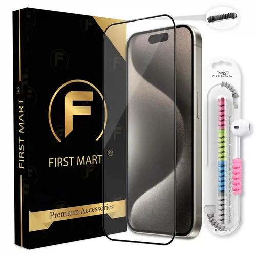 FIRST MART Premium Tempered Glass for iPhone 15 Pro Edge to Edge Screen Coverage, Speaker Mesh Dust Filter & Cable Protector with Easy Installation Kit