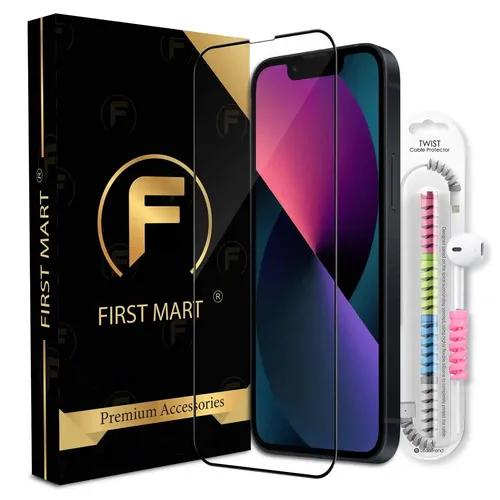 FIRST MART Premium Tempered Glass for iPhone 13 Mini with Edge to Edge Coverage and Cable Protector and Easy Installation Kit, Pack of 1