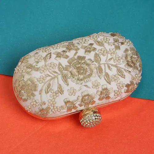 Embroidery Oval Party Clutch for Women - White