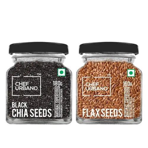 Chef Urbano Combo of Flax Seeds 160g and Chia Seeds 180g, Pack of 2 | Alsi Seed | Raw and Natural | Immunity Booster | Rich in Protein and Fiber | Seeds for Eating | Diet Food