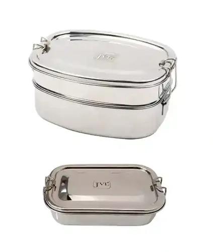 Jvl Stainless Steel Rectangular Shape Single Layer & Small Deluxe Double Layer Lunch Box With Inner Plate - Set Of 2