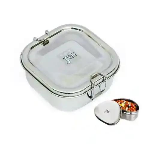 Jvl Stainless Steel Lunch Box For Kids, Double Two Layer Tiffin Box For School And Office Use With Inner Plate - Square - Medium Size