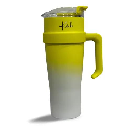 InKitch Tumbler Bottle Water Bottle with Lid Vacuum Coffee Mug with Silicon Grip | Travel Coffee Mug 1200Ml | Double Insulated for Hot and Cold, 100% Leakproof Mug for Office, Gym and Travel (Yellow)