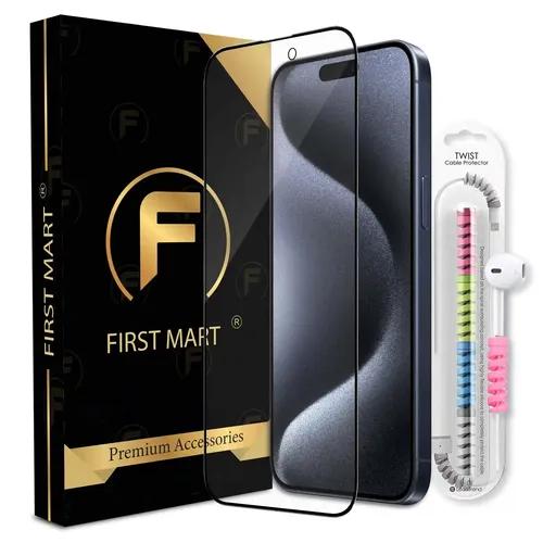 FIRST MART Premium Tempered Glass for iPhone 15 Pro Max with Edge to Edge Coverage and Cable Protector and Easy Installation Kit, Pack of 1