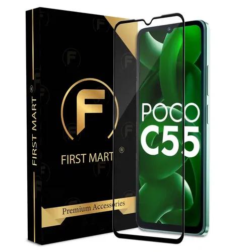 FIRST MART Edge to Edge Tempered Glass for Poco C55 (6.71 Inch) Case Friendly Screen Protector with Easy Self Installation Kit | Black Border OG