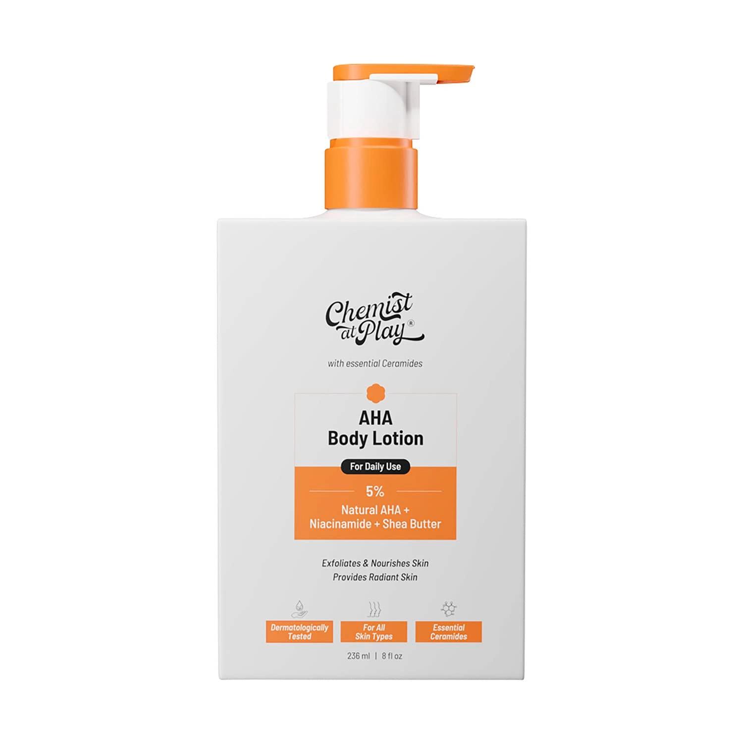 Chemist At Play 5% Natural AHA + Niacinamide + Shea Butter | AHA Body Lotion With Ceramides | For Exfoliating Dry & Dead Skin Cells, Deep Nourishment & Radiant Skin | 236ml